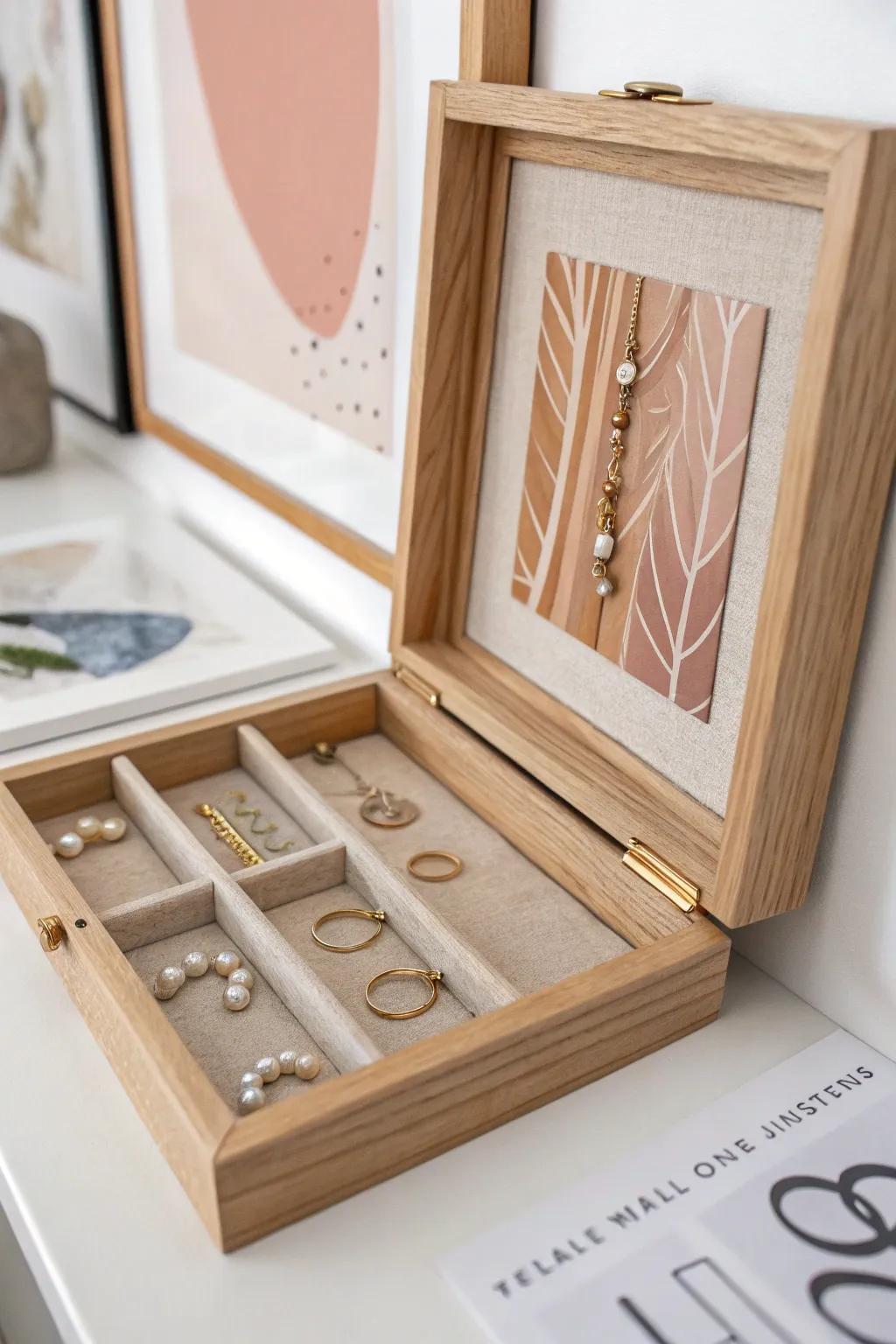 A picture frame that opens like art—hidden mesh storage keeps earrings organized and out of sight.