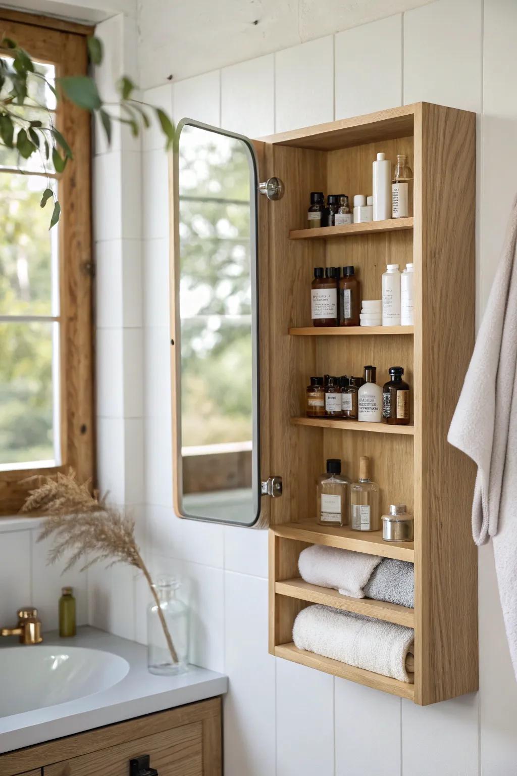 Twin mirrors, twice the storage—slim hidden cabinets that keep a tiny vanity calm and organized.