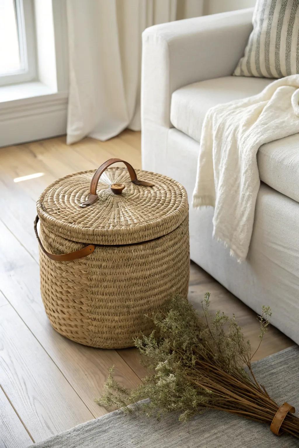 A lidded woven basket that blends in as decor—then hides toys in seconds.