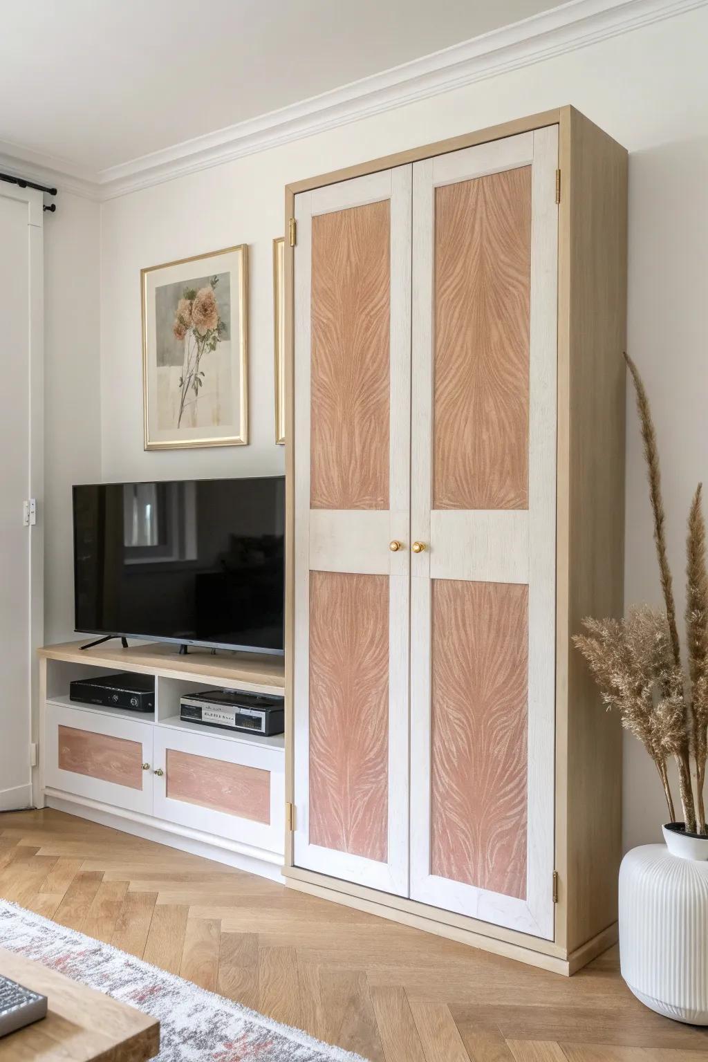 Art-front bi-fold doors hide the TV in plain sight—minimal, cozy, and perfect for small spaces.