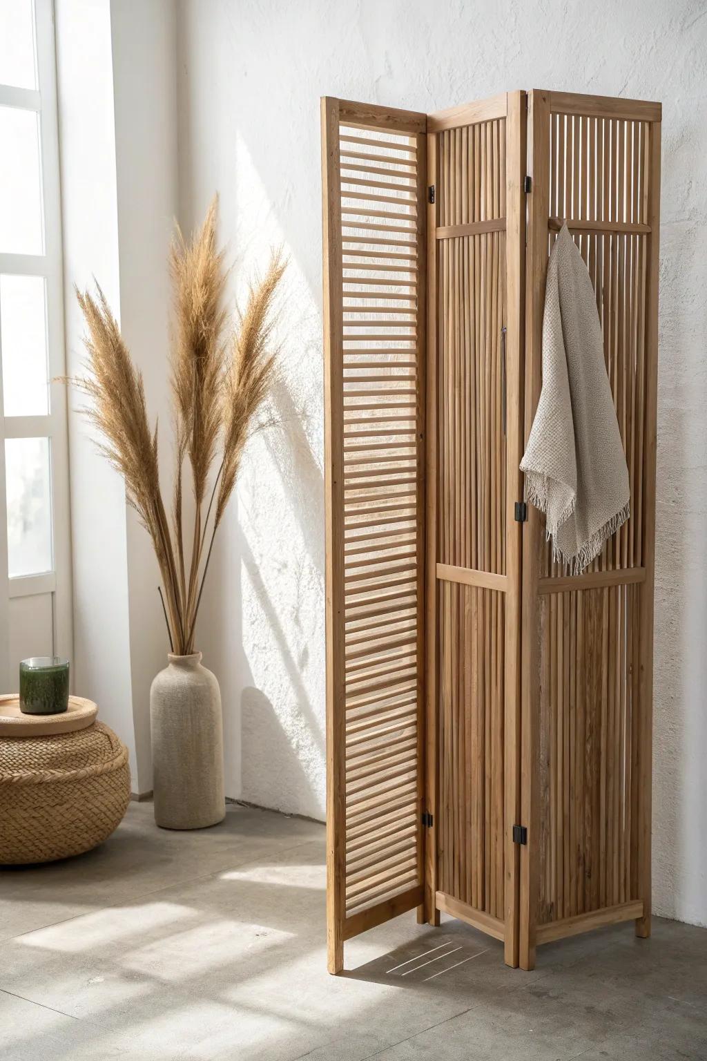 A slatted oak screen adds breathable privacy—minimal, warm, and beautifully intentional.
