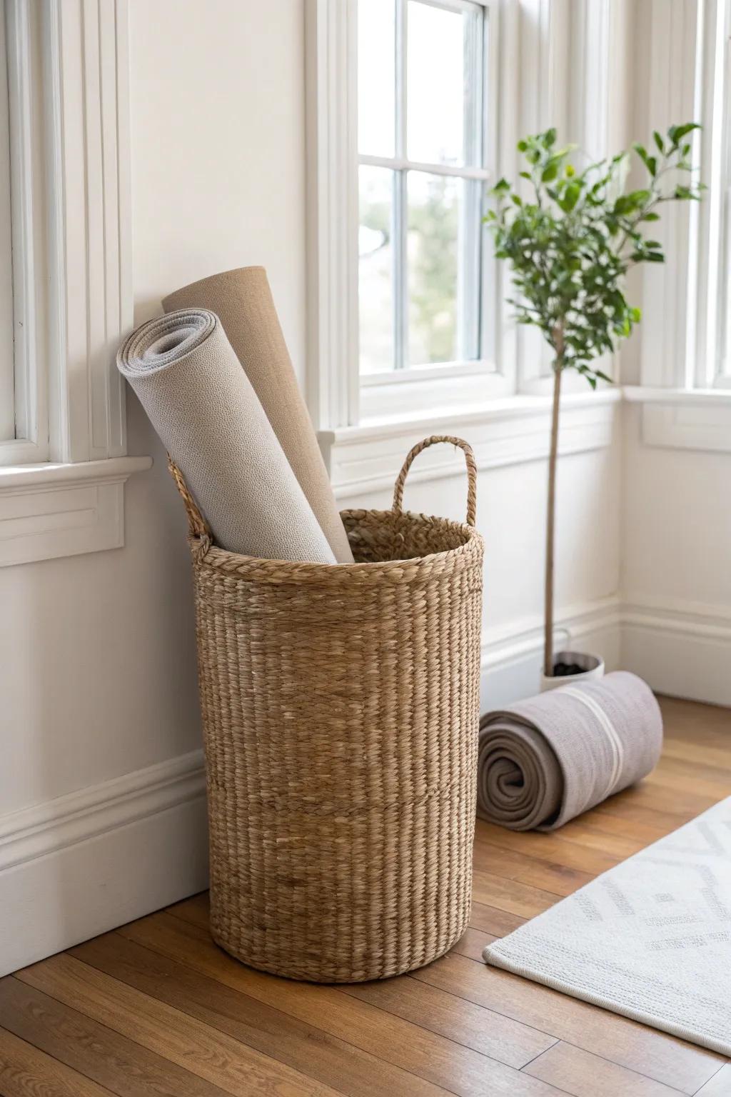 A tall woven basket keeps mats and rollers upright—clean, calm storage for a tiny gym corner.