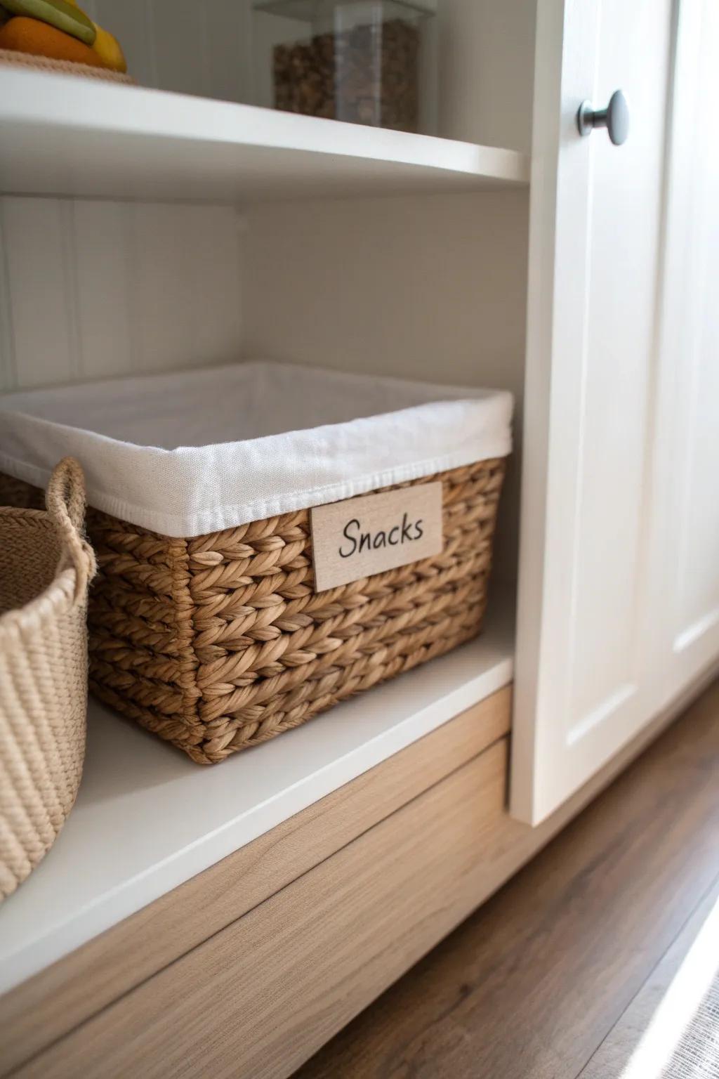 One pretty grab bin per category keeps even a tiny pantry calm, repeatable, and clutter-free.