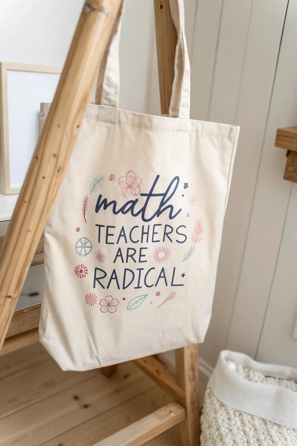 Celebrate your favorite math teacher with a touch of humor and style in this handcrafted tote bag.