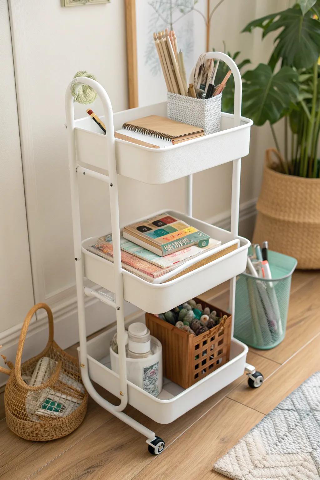 A slim rolling cart keeps homeschool essentials organized—math, writing, art—anywhere you work.