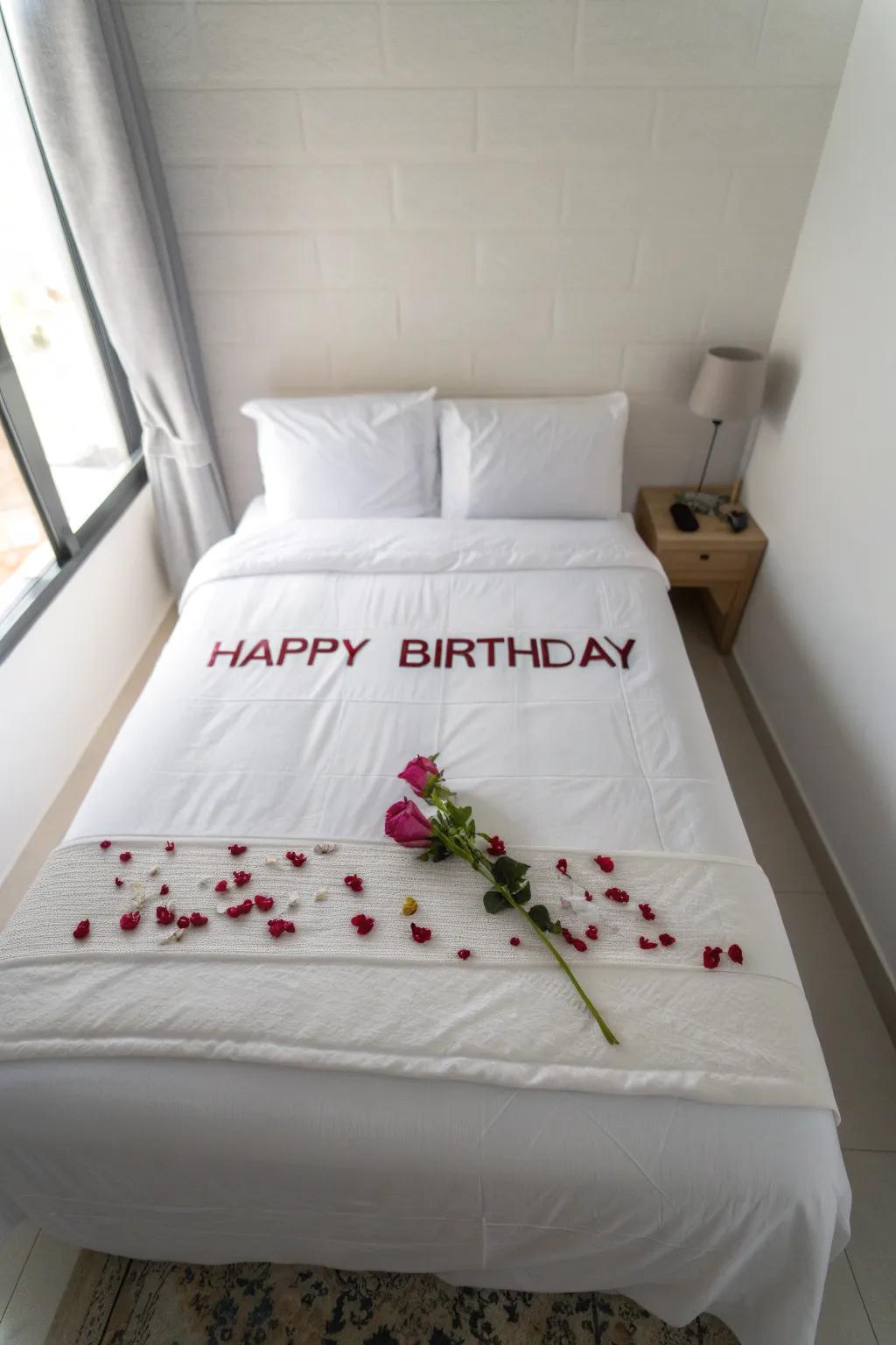 A luxe “Happy Birthday” rose-petal message on crisp white linens—simple, romantic, unforgettable.