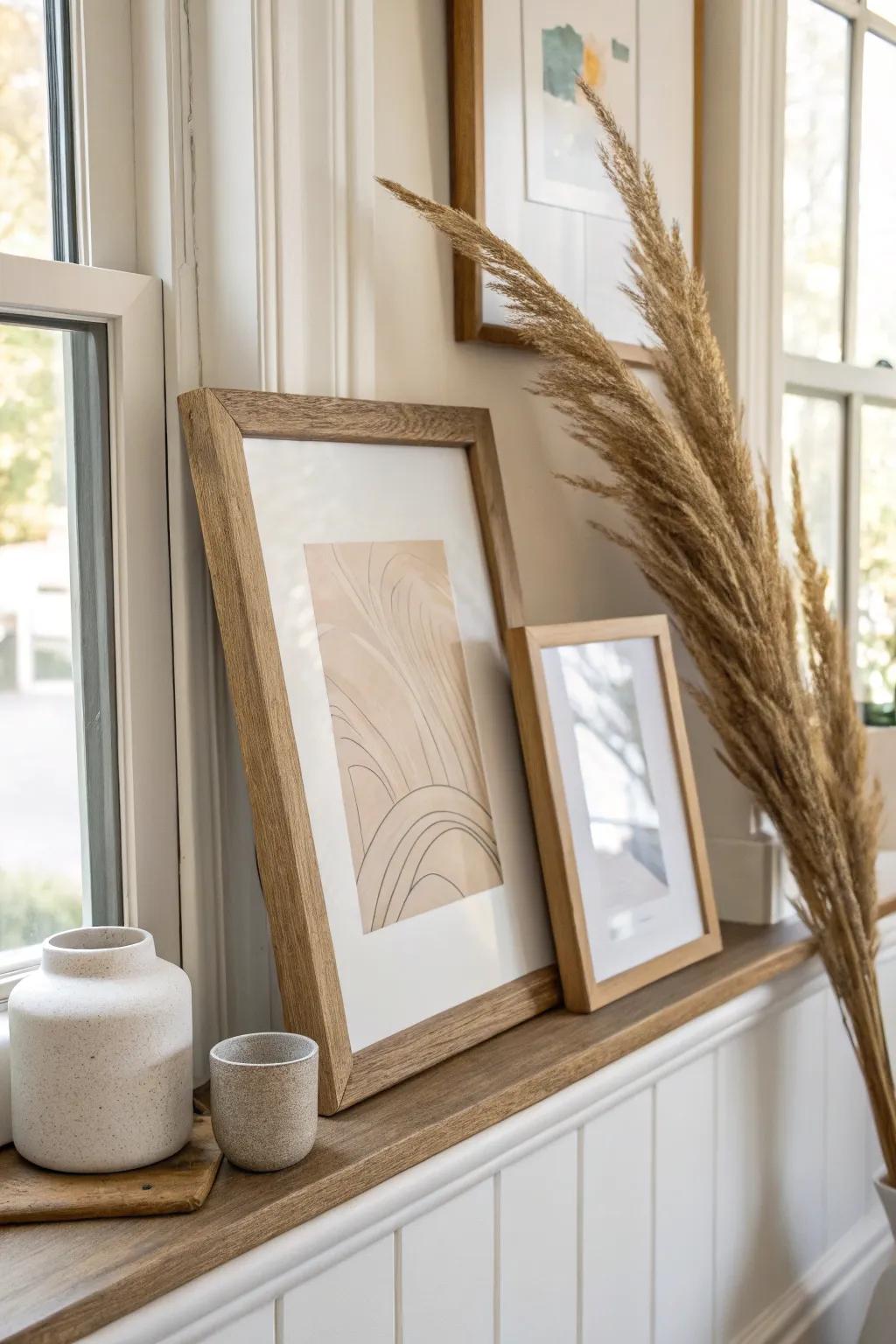 Layered leaning frames on built-in shelves add relaxed, renter-friendly depth and style.