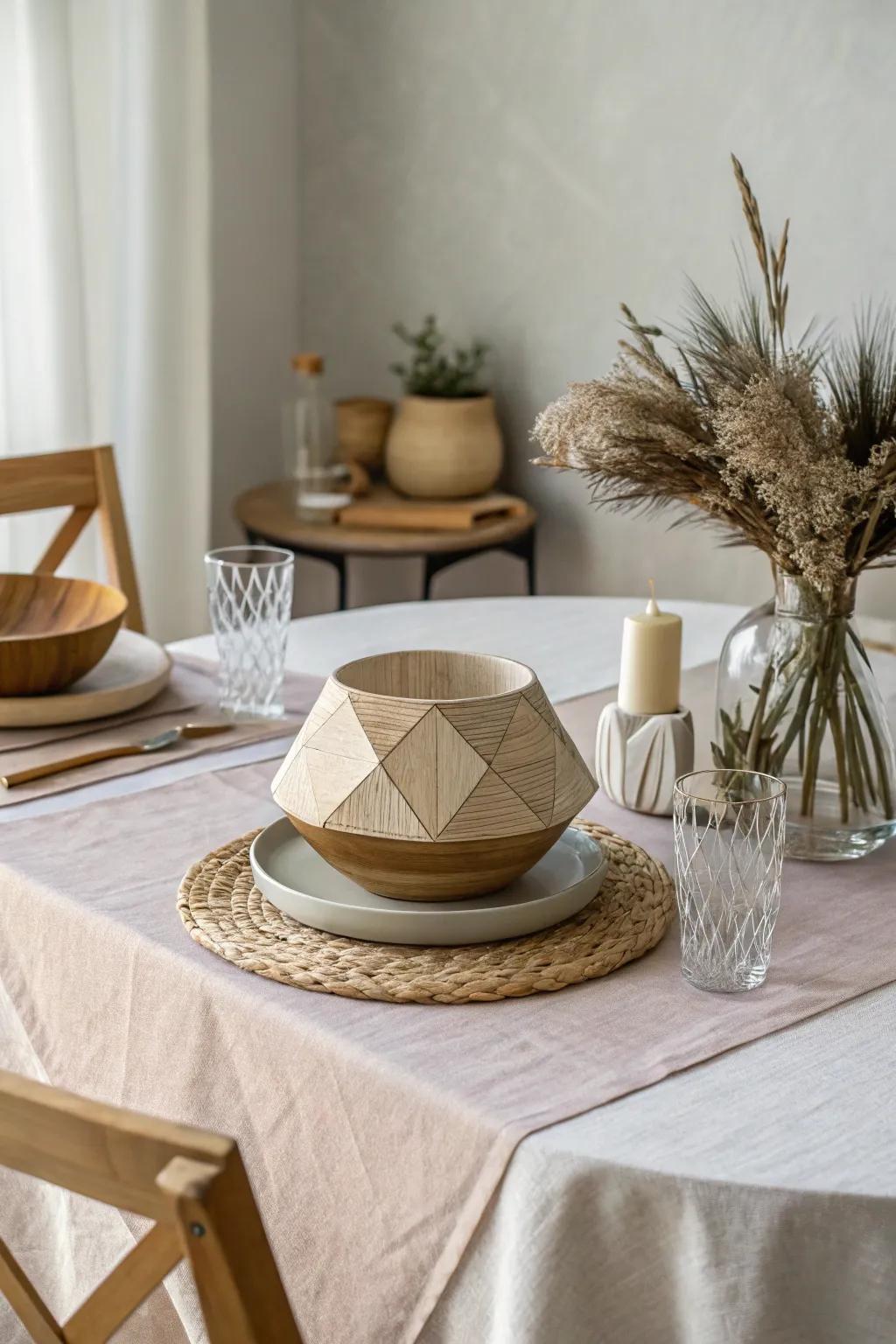 Elevate your dining space with modern geometric centerpieces for a chic and contemporary feel.