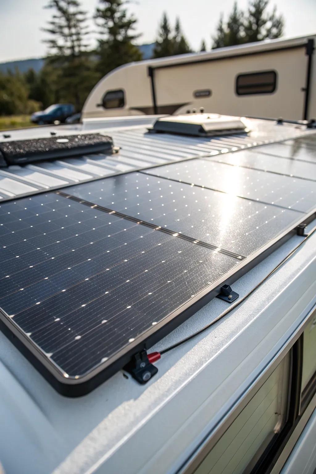 Streamline your RV with adhesive-mounted flex solar panels for a modern, low-profile look.