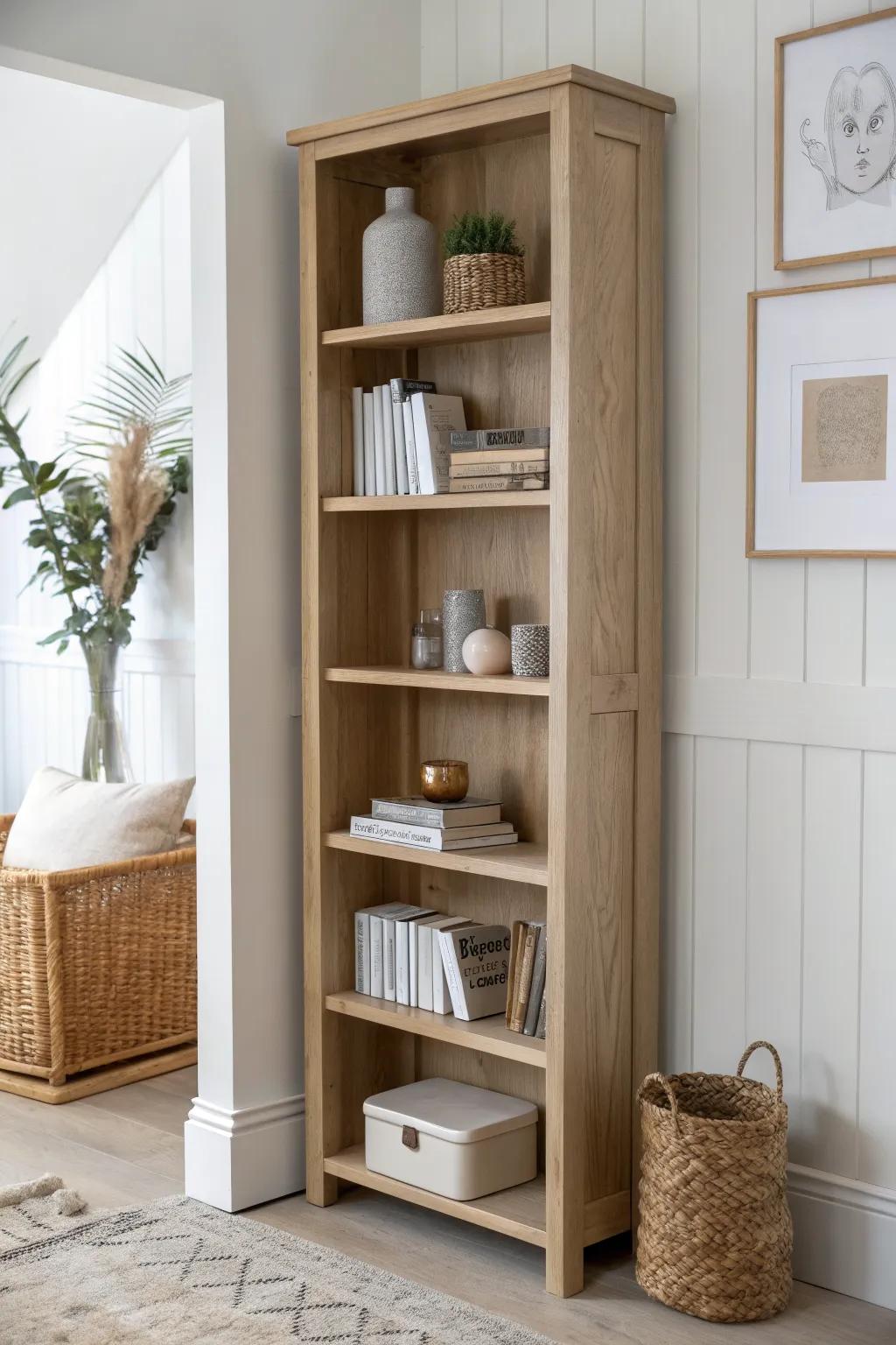 Aim for a 60/40 mix: mostly books, a few handmade accents for calm, curated character.