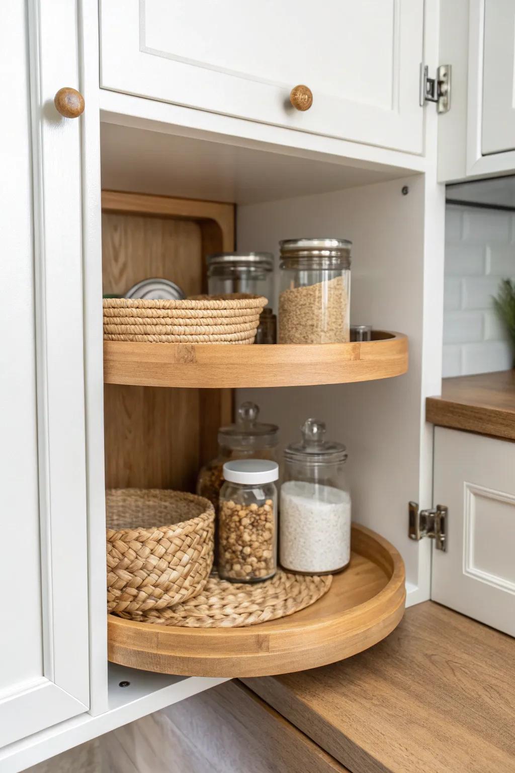 Stack a two-tier turntable in the corner cabinet to add height without losing visibility.