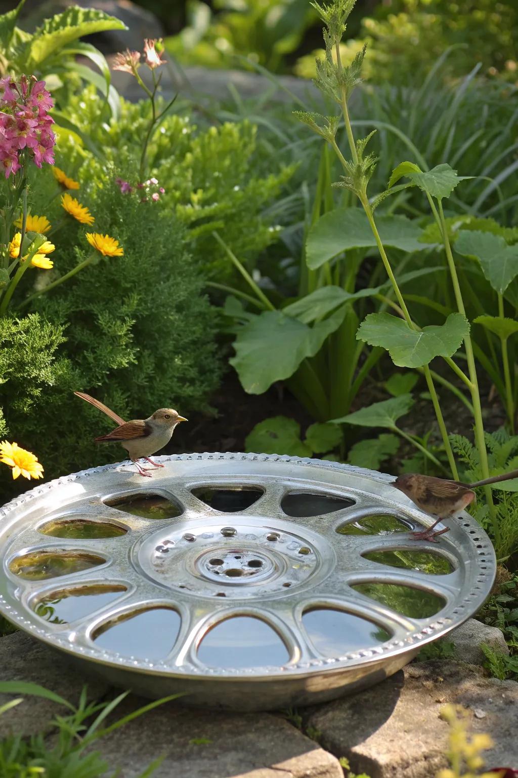 Transform your garden with a hubcap bird bath and welcome nature's beauty!