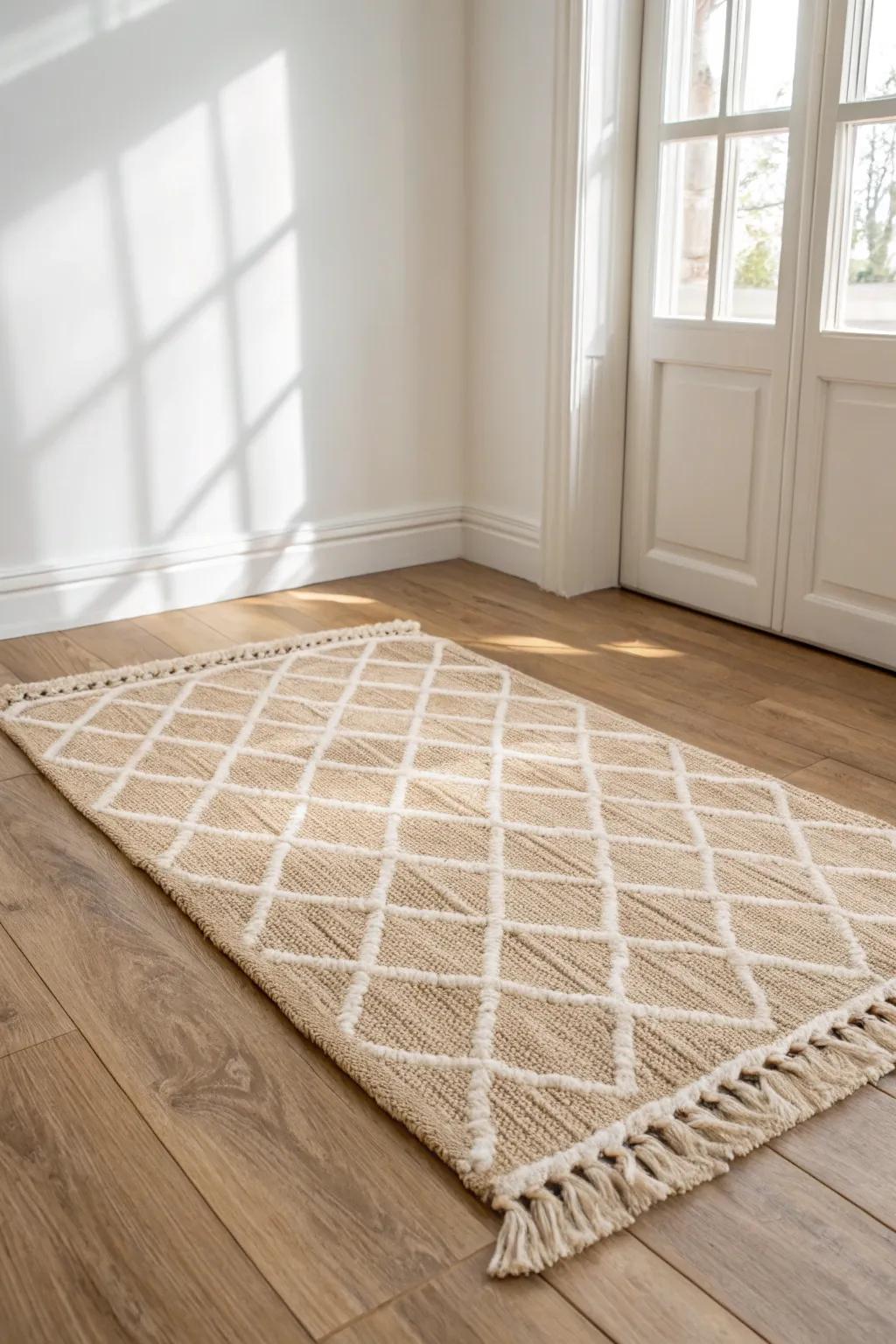 A small rug instantly turns awkward floor space into a purposeful, cozy zone.