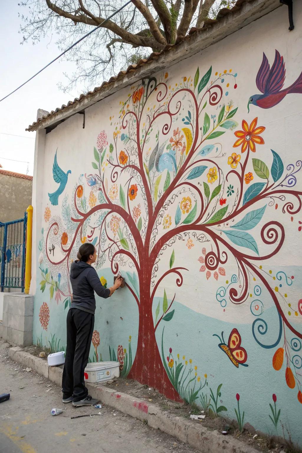 Transform damaged walls with artistic flair: a whimsical tree mural that turns imperfections into a masterpiece.