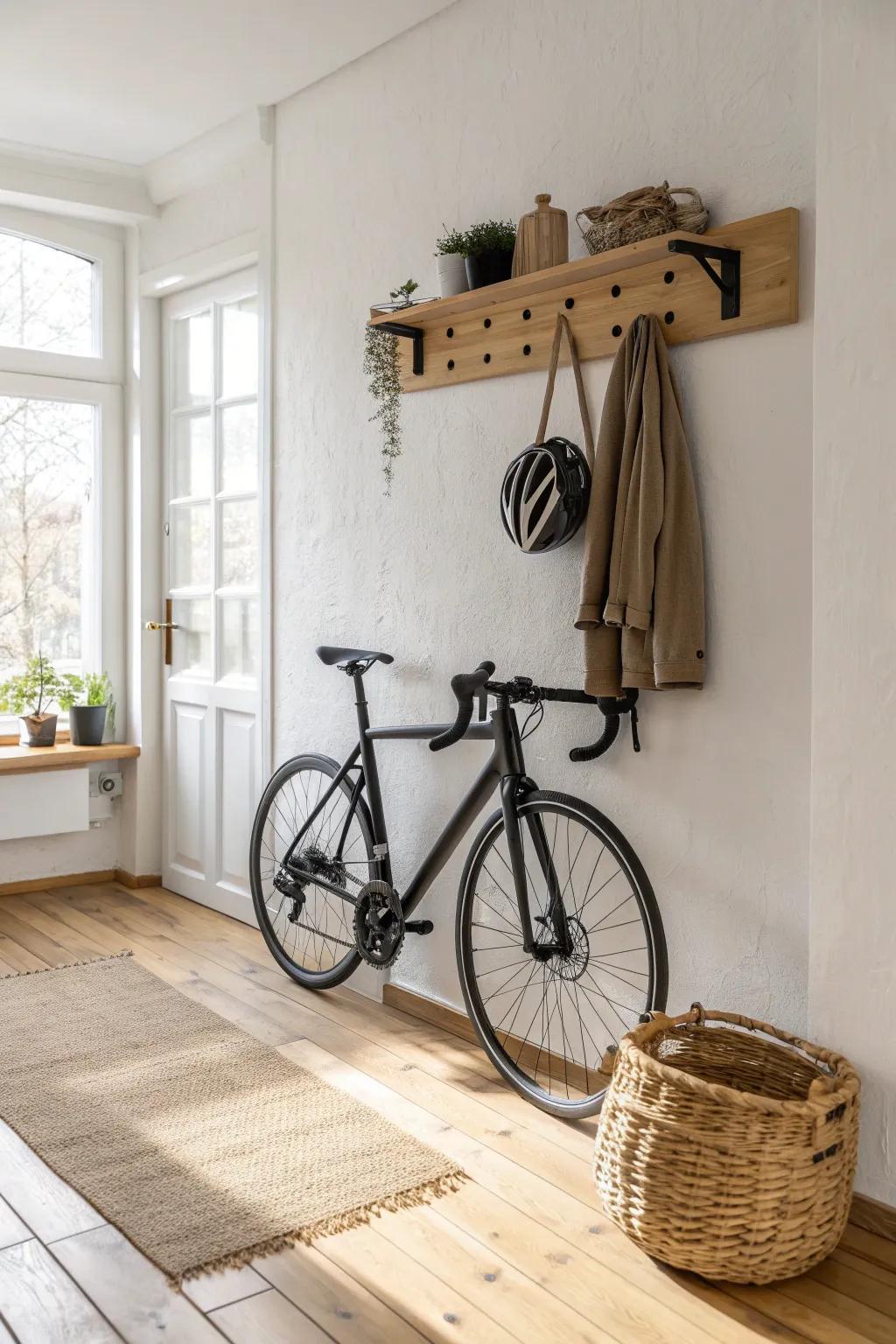 A sleek entryway bike rack + helmet hook keeps small-space living calm and clutter-free.