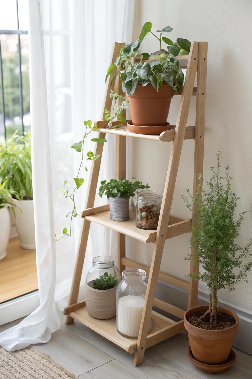A ladder shelf garden that stacks greenery upward—perfect by your brightest window.