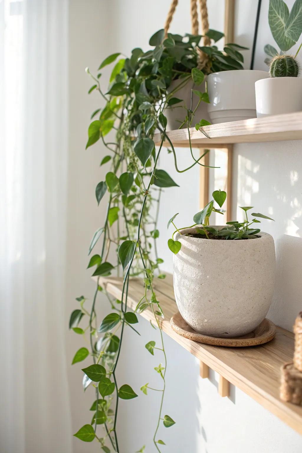 A single trailing vine cascading from a shelf turns storage into soft, serene indoor garden decor.