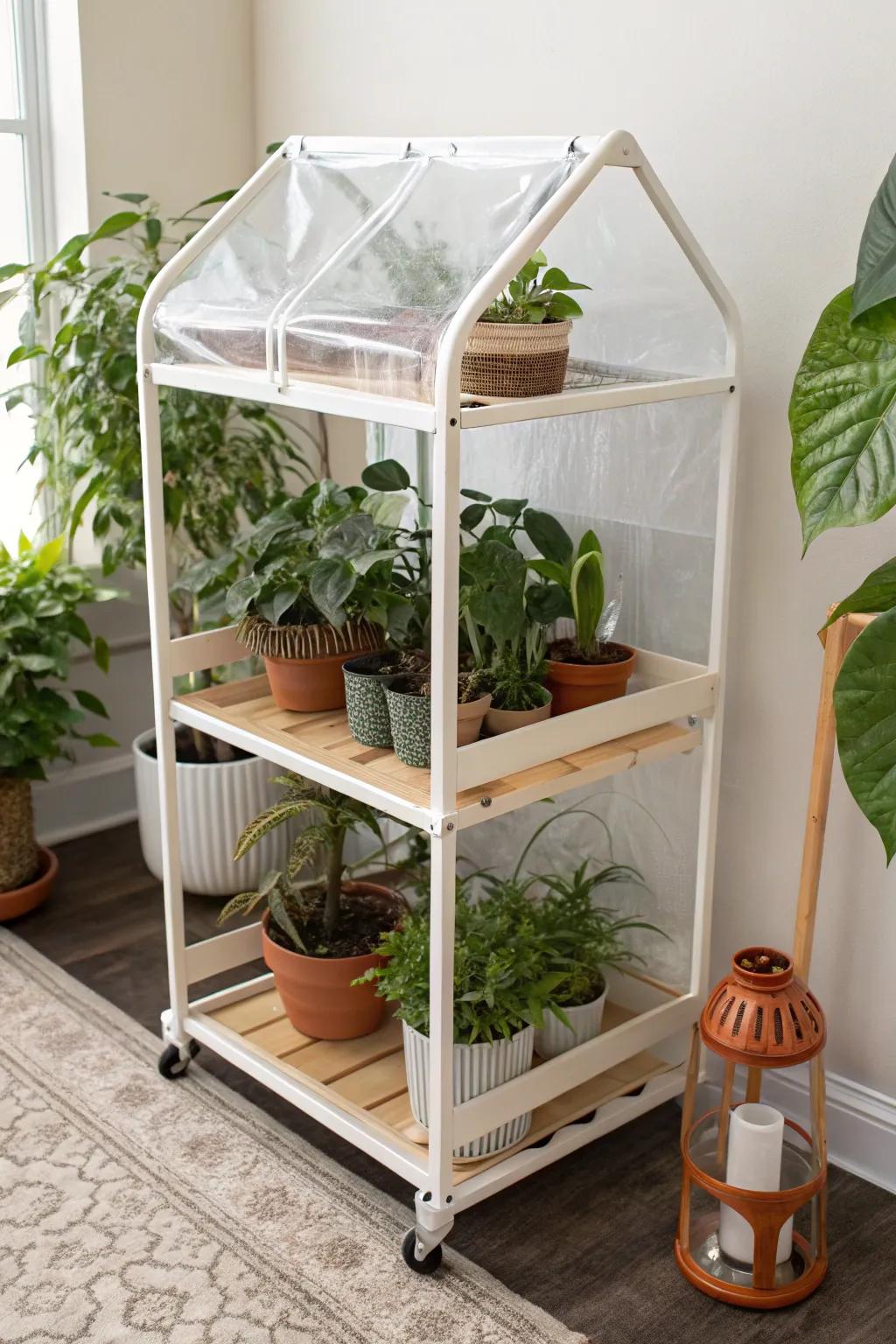 A rolling cart greenhouse station—clear cover + clip-on grow light for tiny apartments.