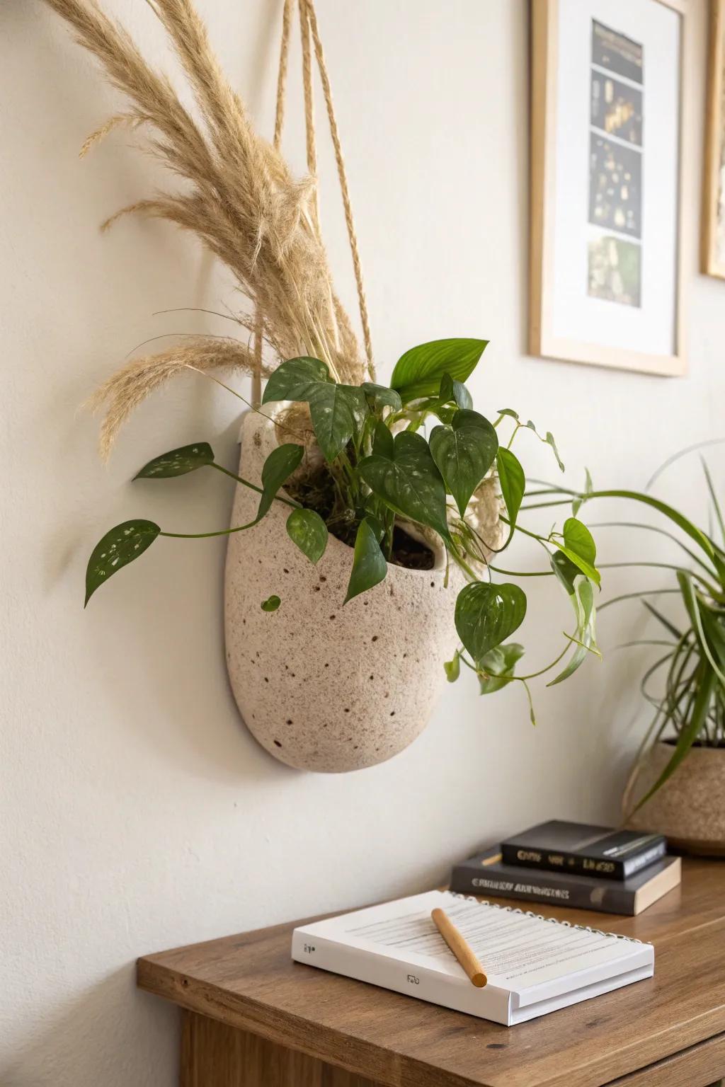 One sculptural wall planter turns a small desk corner into living, minimalist wall art.