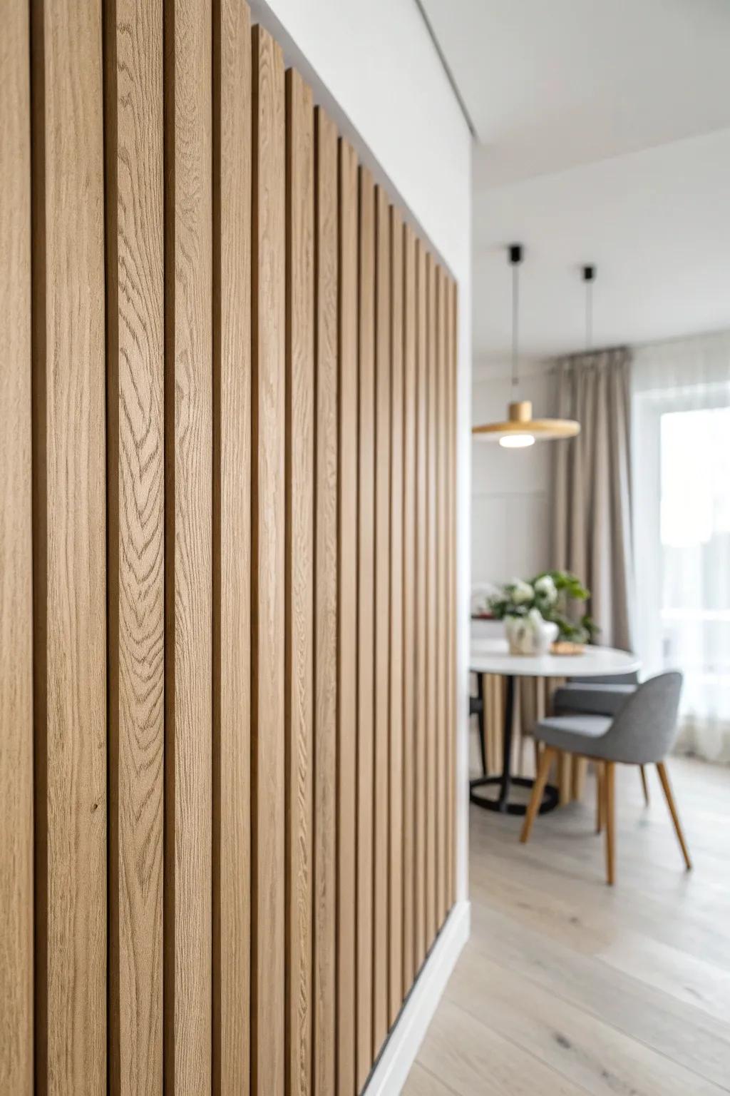 Light oak slat wall backdrop that anchors a tiny dining nook with warm, minimalist contrast.
