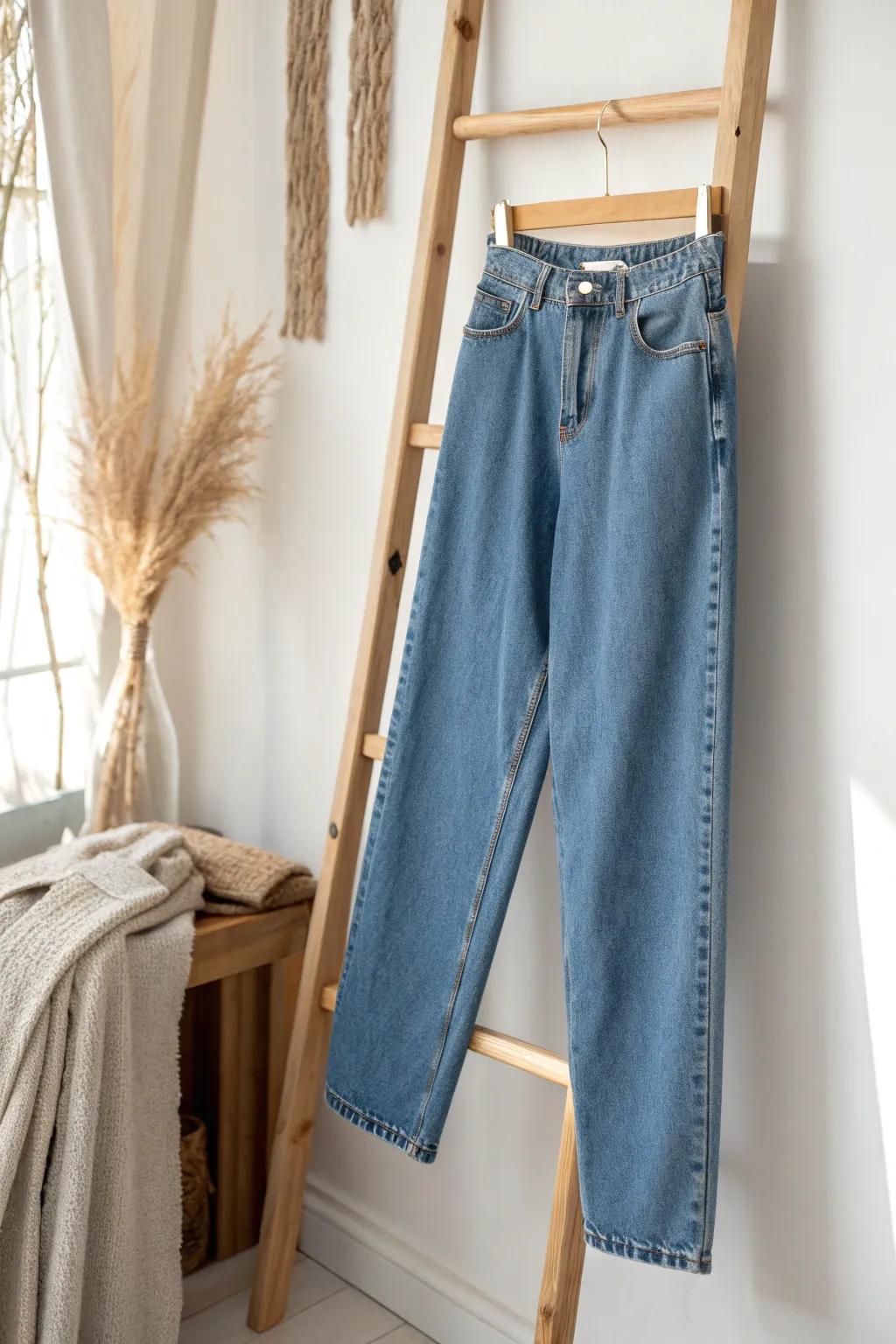 Classic space-saving denim: fold once and drape over a wooden hanger for neat visibility.
