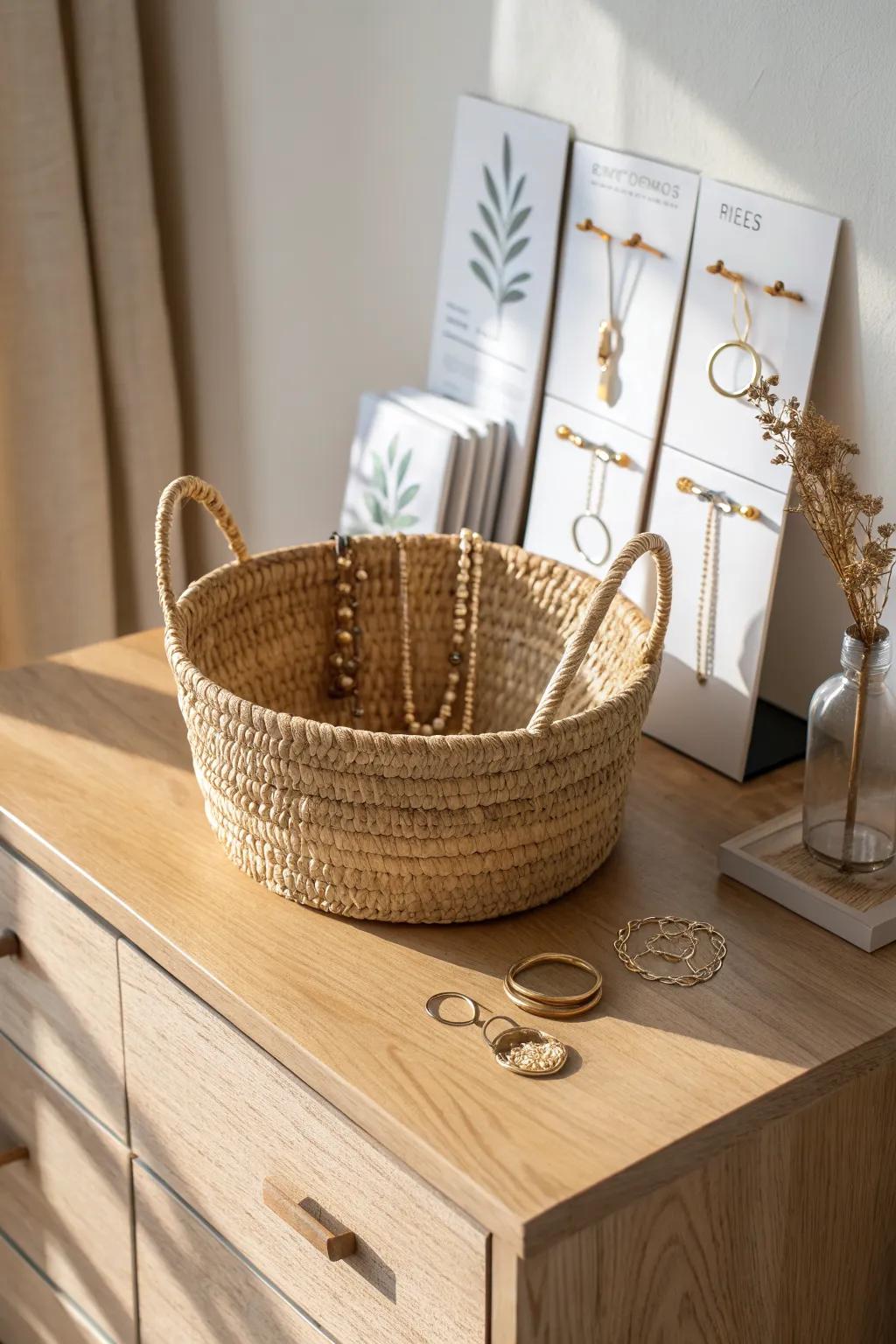 A boutique-style jewelry card basket that keeps necklaces and earrings neat in small spaces.