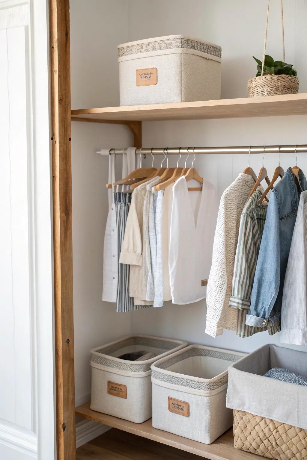Maximize tiny closets: double rod + labeled bins keep kids’ clothes neat and easy to find.