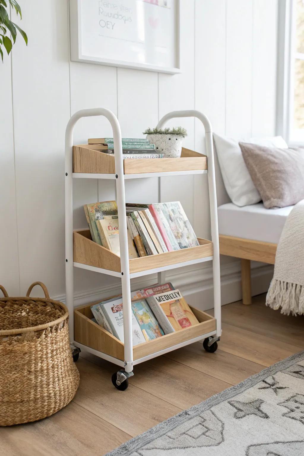 A chic rolling book cart keeps bedtime reads close—then tucks away for tidy small spaces.
