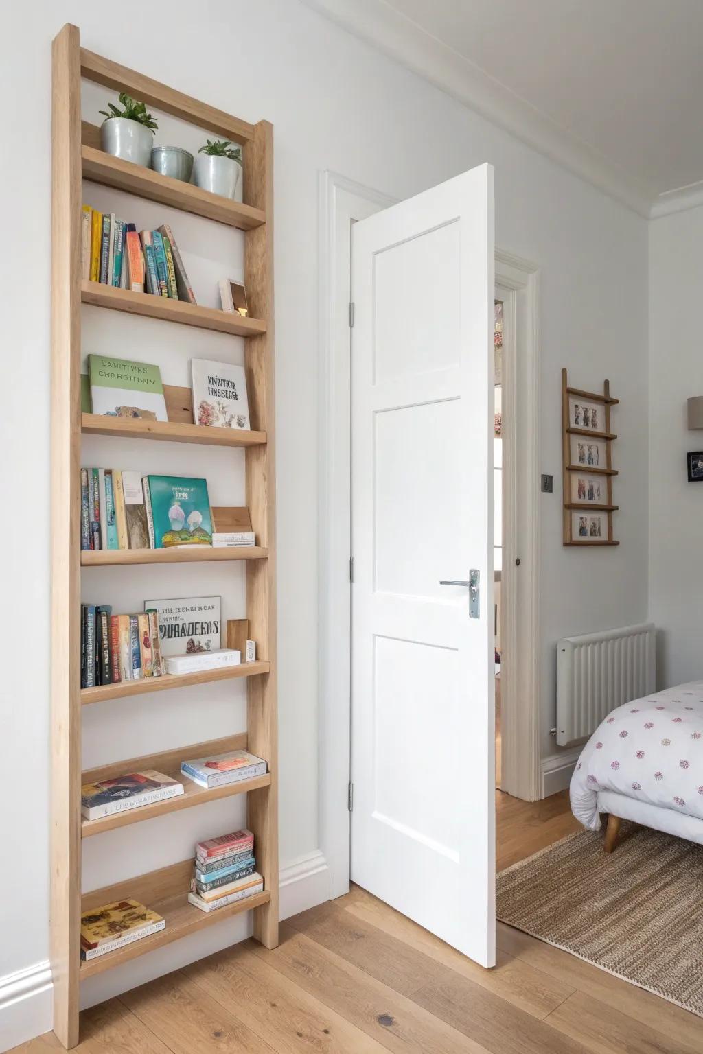 Turn unused door space into a slim, kid-friendly book nook—pretty, practical, and airy.
