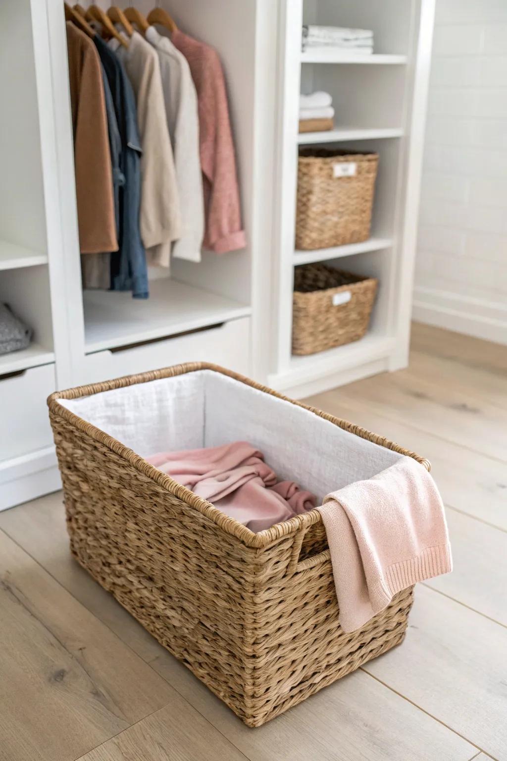 Kid-level open bin makes closet cleanups effortless—no lids, just drop-and-go.