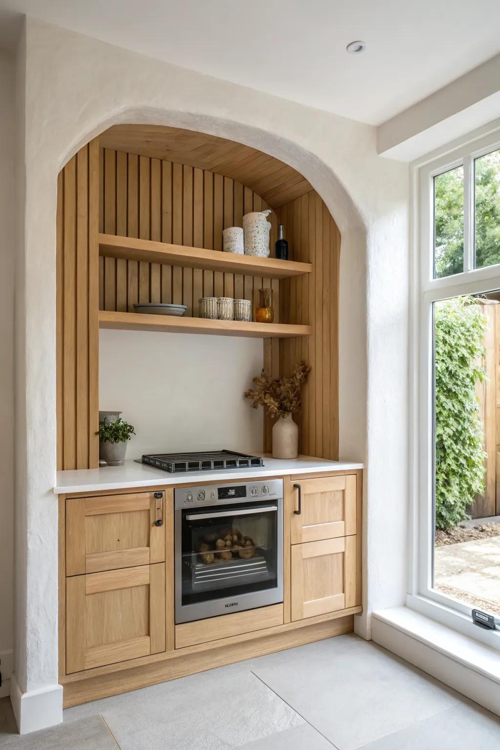 Hide the vent inside the alcove for a seamless built‑in look—warm oak slats, clean Scandinavian calm.