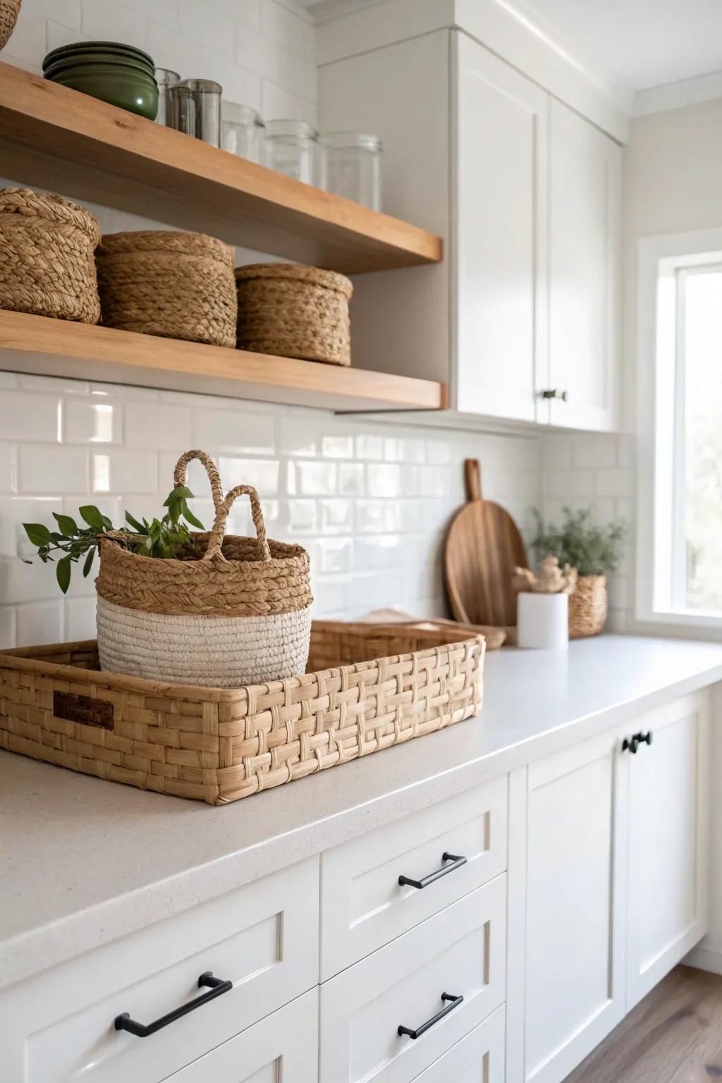 Open-shelf riser boxes add height and airy storage—style them with woven baskets.