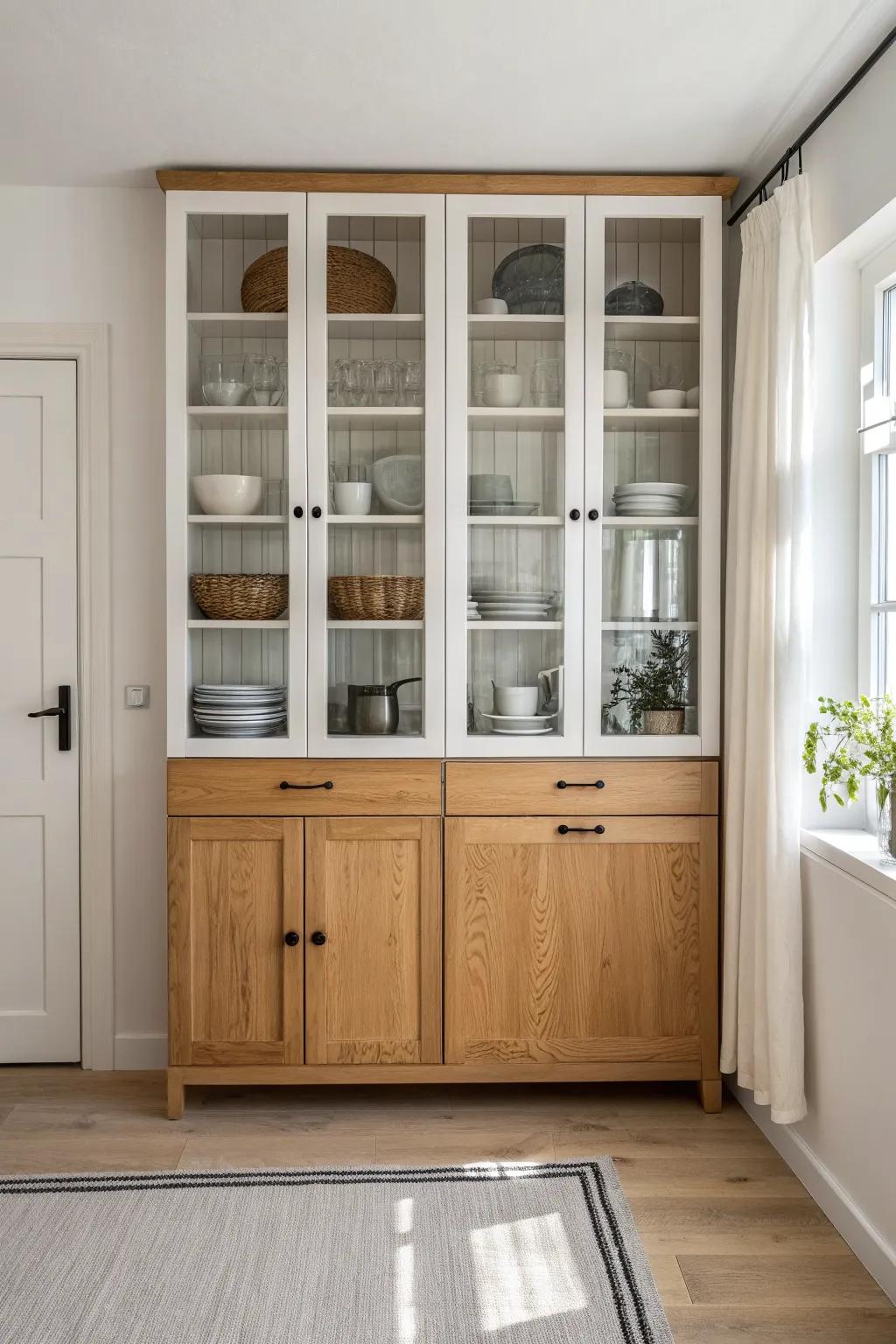 Glass-front top cabinets to the ceiling—airy storage that shows off your prettiest pieces.