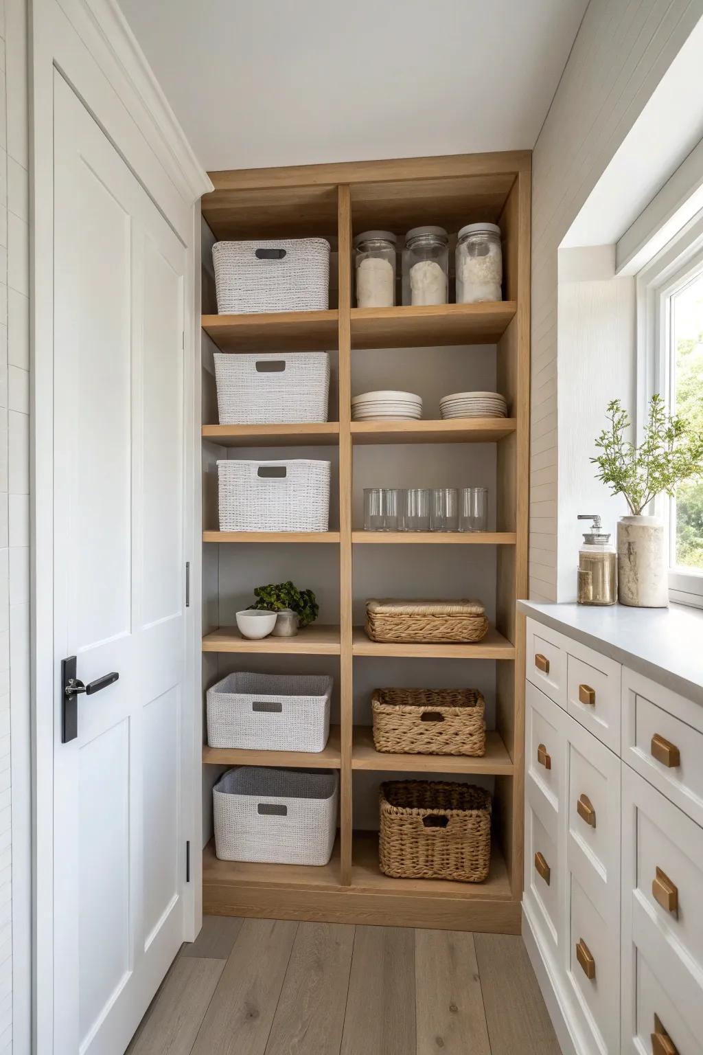 Floor-to-ceiling pantry shelving turns the top third into easy backstock storage.