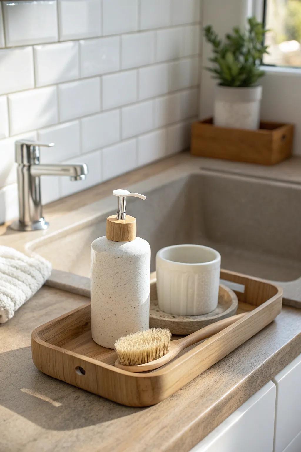 A matching sink caddy on a stone tray keeps the corner tidy, calm, and beautifully minimal.
