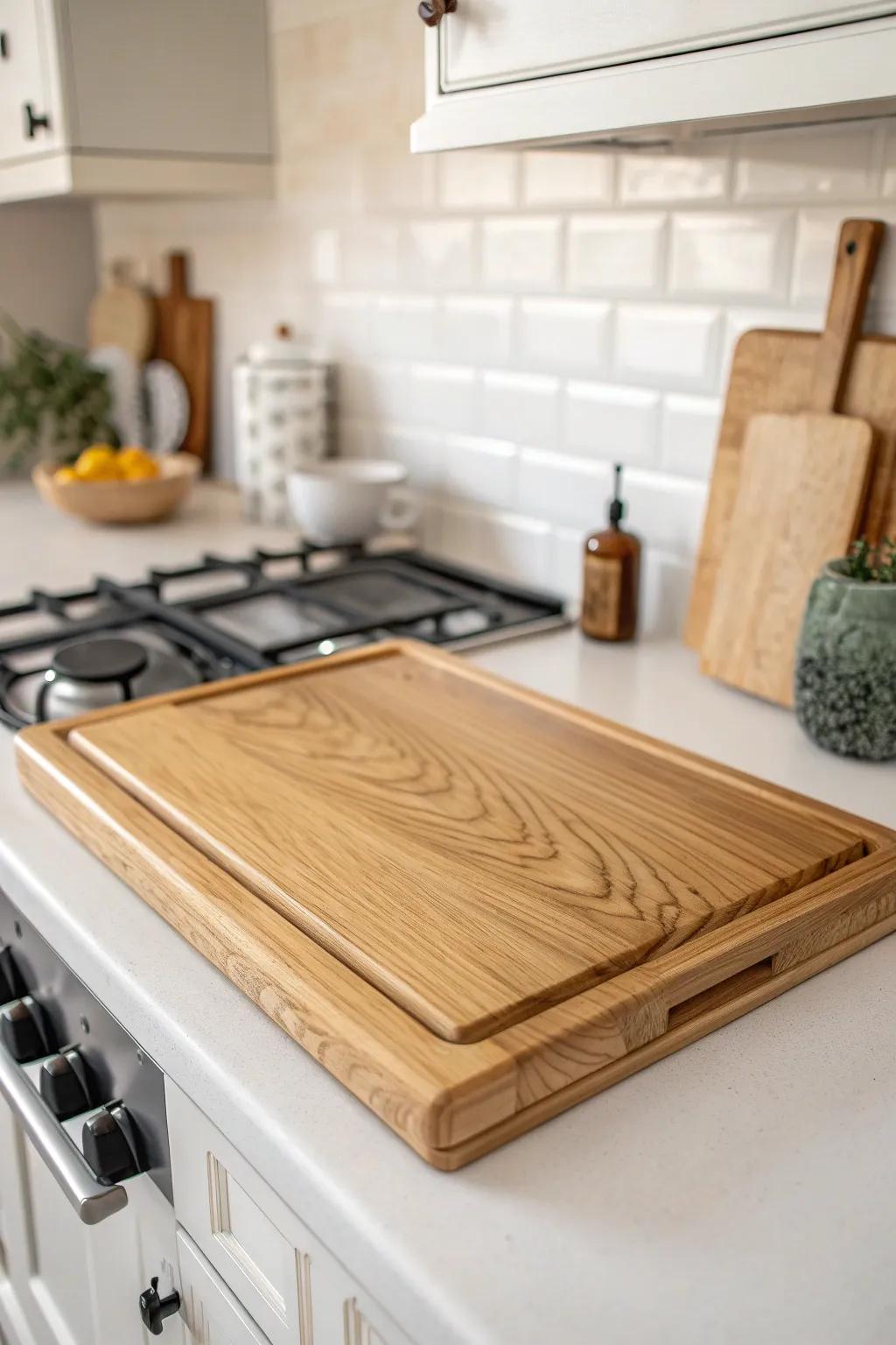 A sleek stove-top cover adds instant counter space—warm wood, minimal, rental-friendly.
