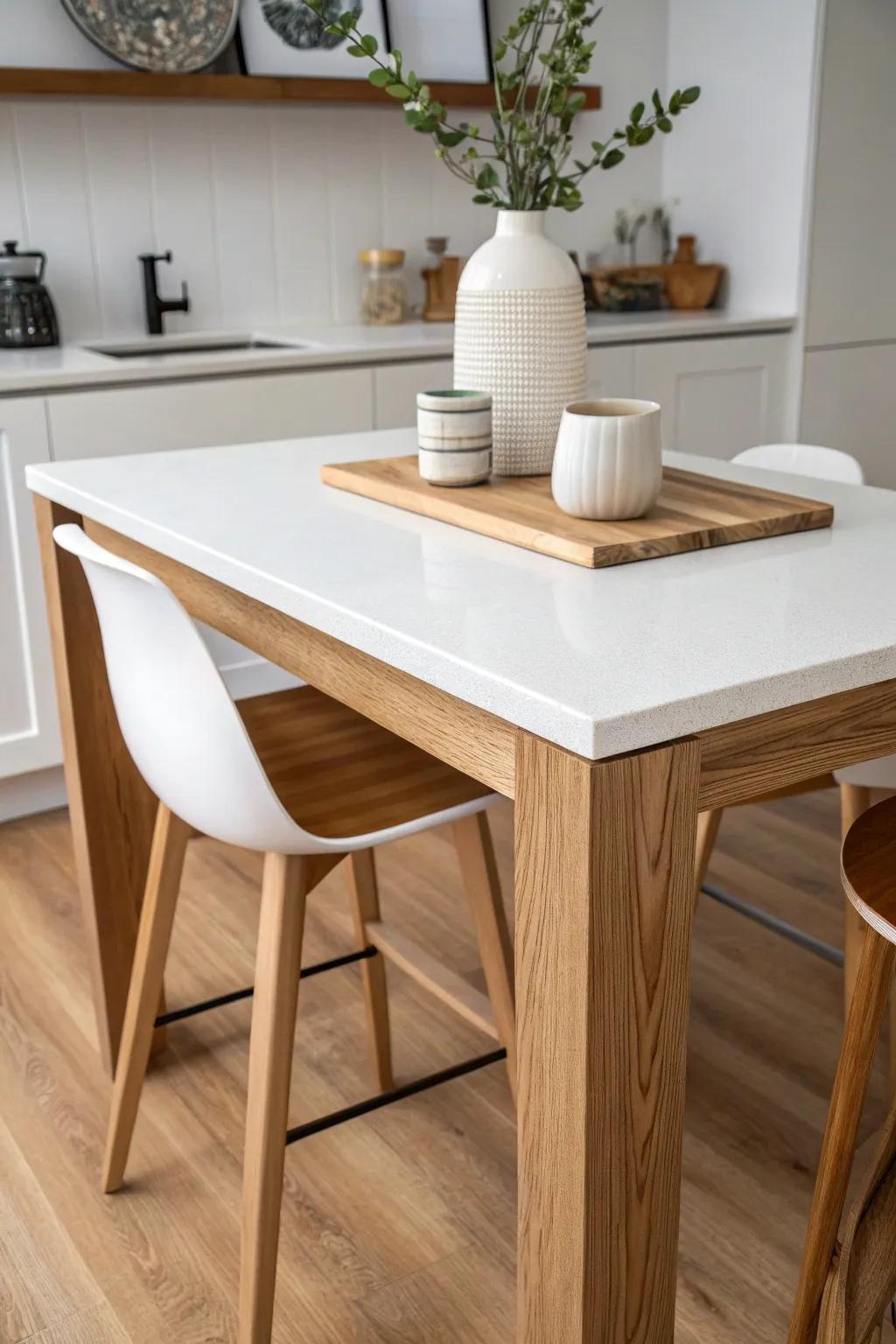 Two-tone island combo: cool stone for prep, warm wood for dining—custom look in small spaces.