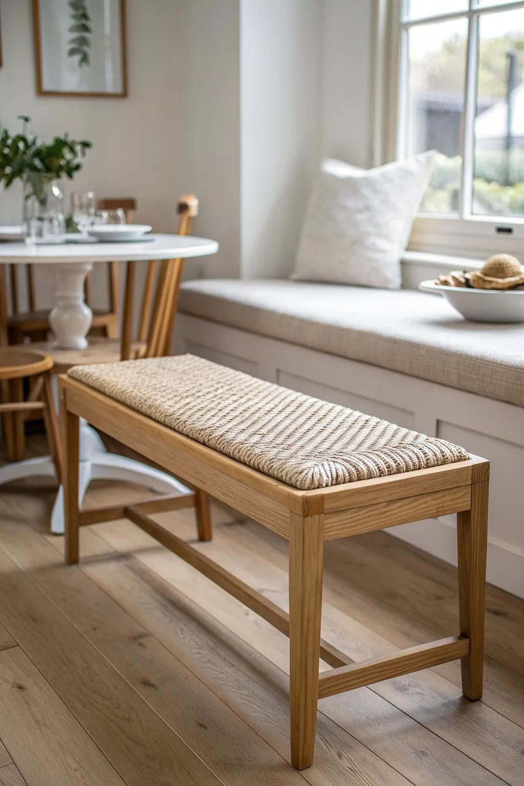 A slim bench keeps a tiny breakfast nook airy—pair with two lightweight chairs for easy flow.