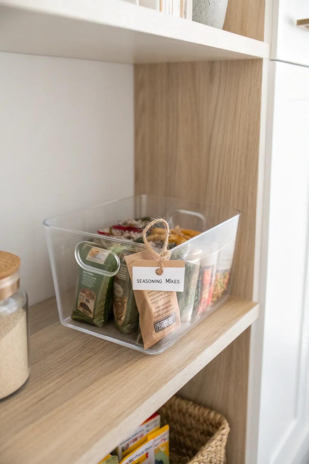 Clear bins keep snack packets and seasonings visible—grab one box instead of digging.