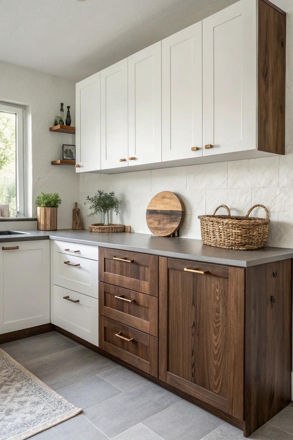 Two-tone cabinets—dark lowers, light uppers—keep an L-shaped kitchen airy and bright.