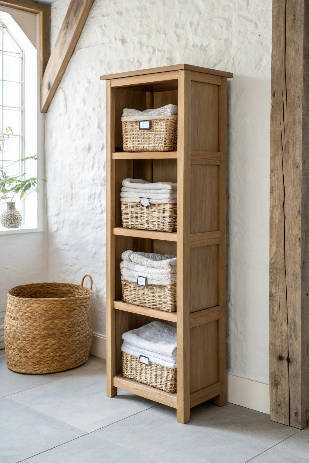 Open-shelf laundry cabinet with matching woven baskets—calm, grab-and-go storage for small spaces.