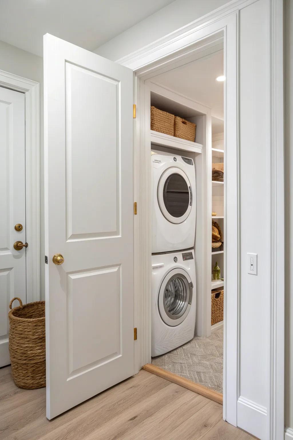 Outswing hinged door frees up a shallow laundry closet—no more bumping the machines.