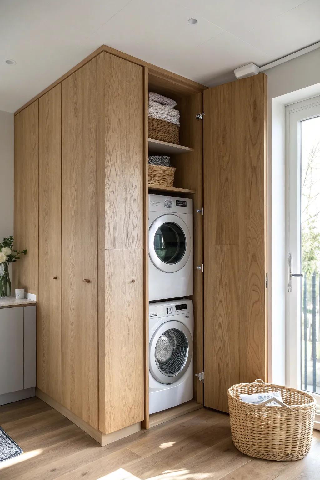 Laundry disappears behind matching cabinet doors—sleek kitchen look, zero utility-room vibe.