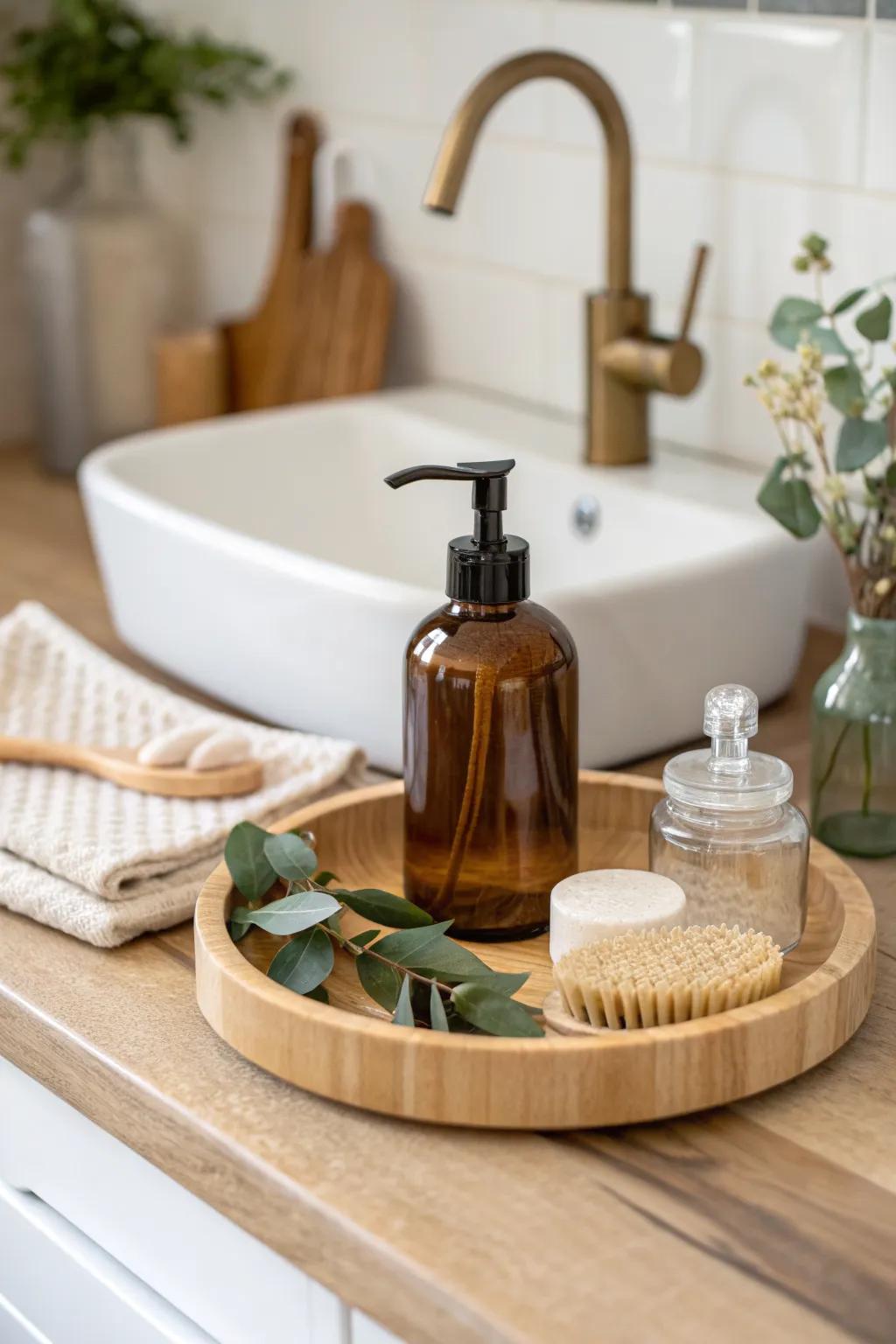 Turn sink-side essentials into a tidy vignette with a minimalist wooden lazy susan.
