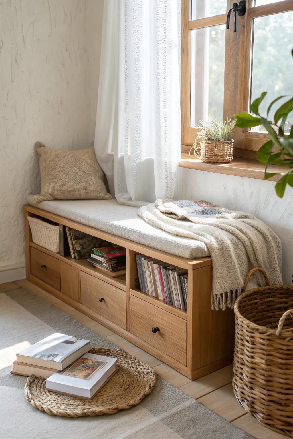 A cozy library nook bench with hidden under-seat storage for blankets and extra books.