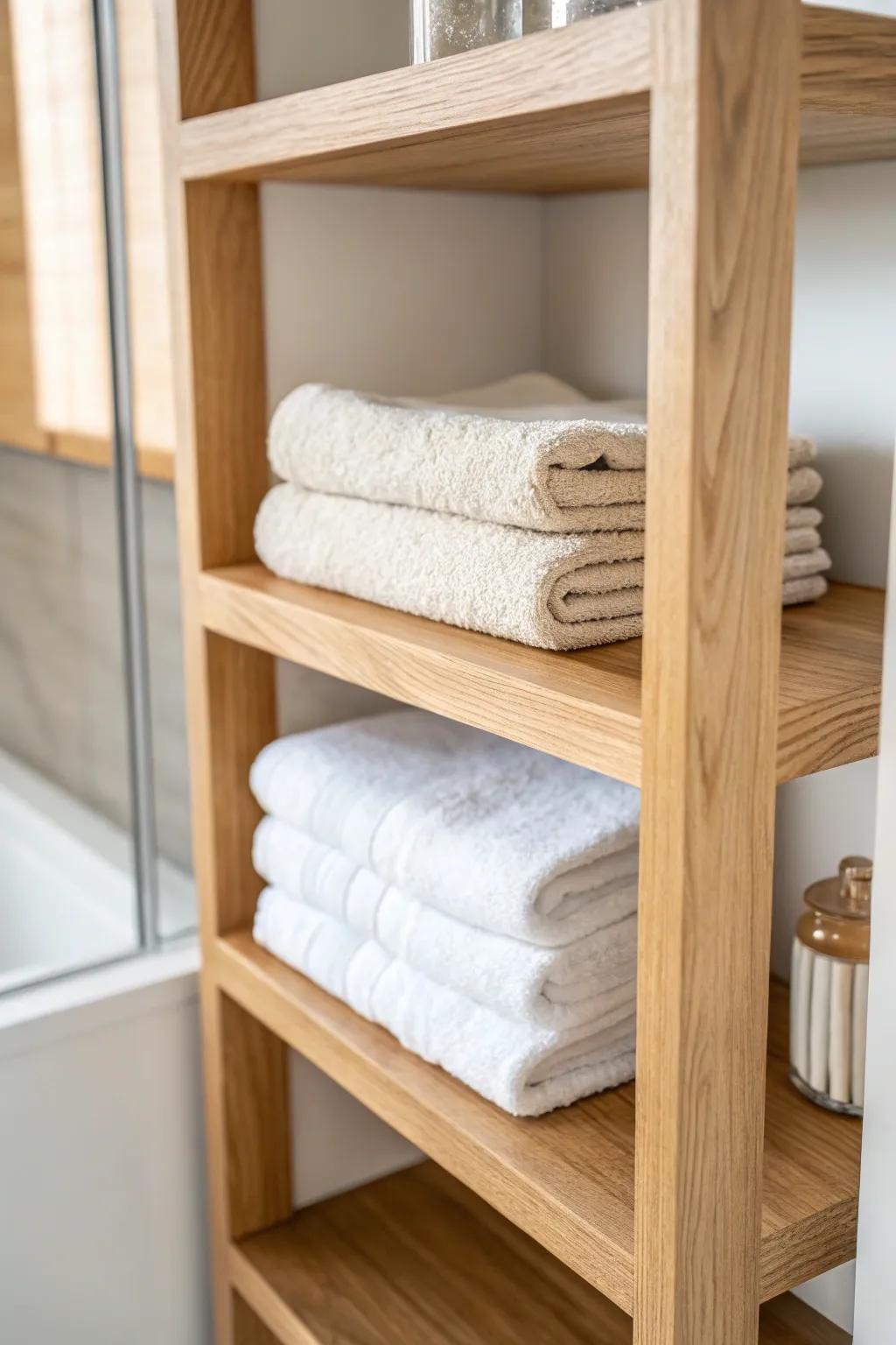 Add a simple shelf riser to double linen closet space—perfect for neatly stacked hand towels.
