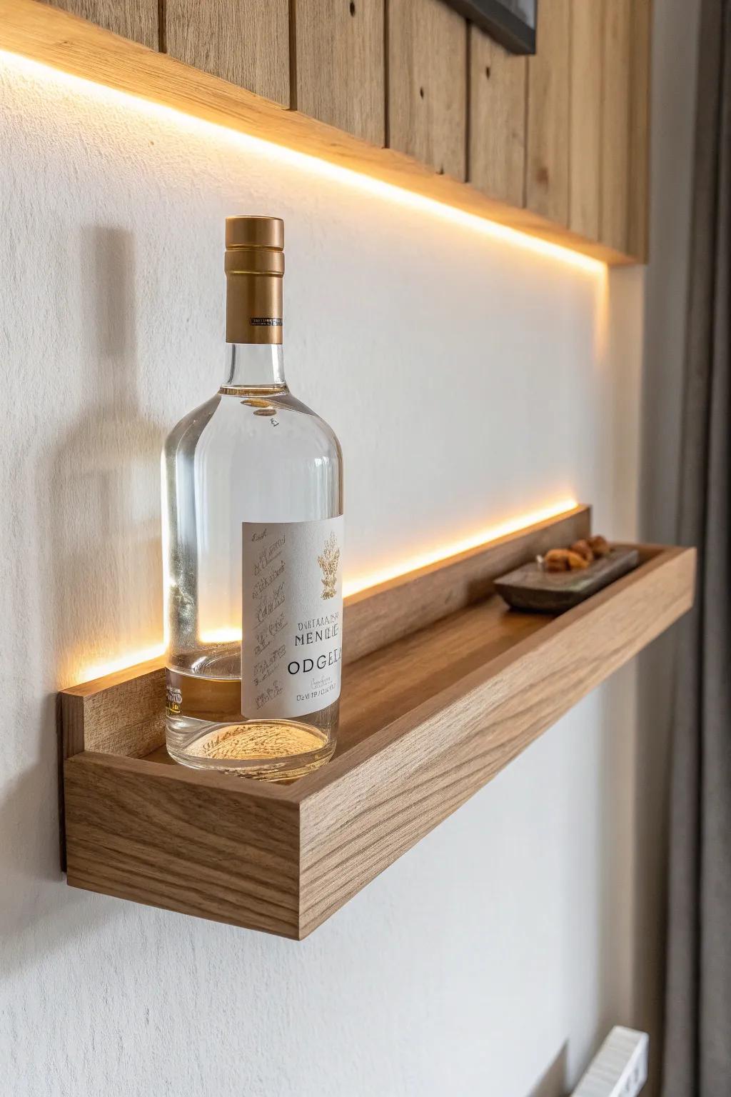 Warm LED backlight turns a simple liquor shelf into a cozy, lounge-like feature.