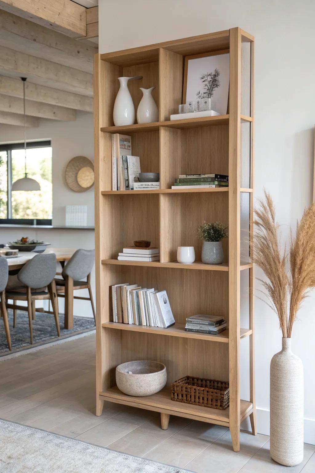 Open shelf divider: separates living and dining while adding storage and beautiful styling from both sides.