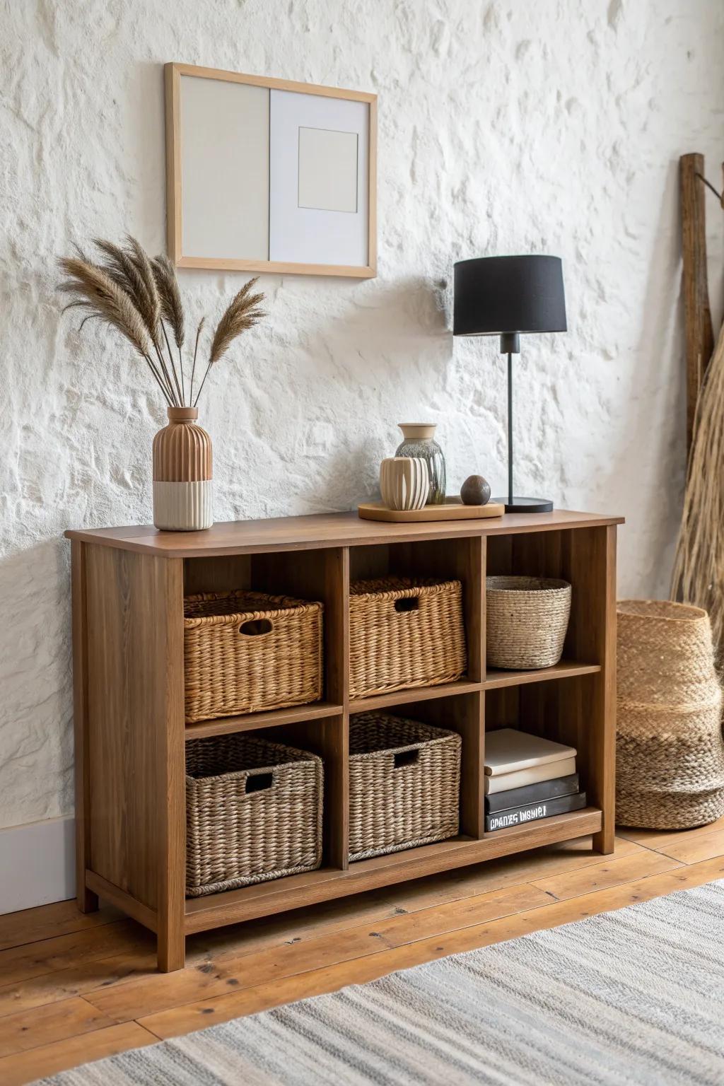 Cube storage styled as a chic sideboard—lamp, tray & tall vase for grown‑up polish.