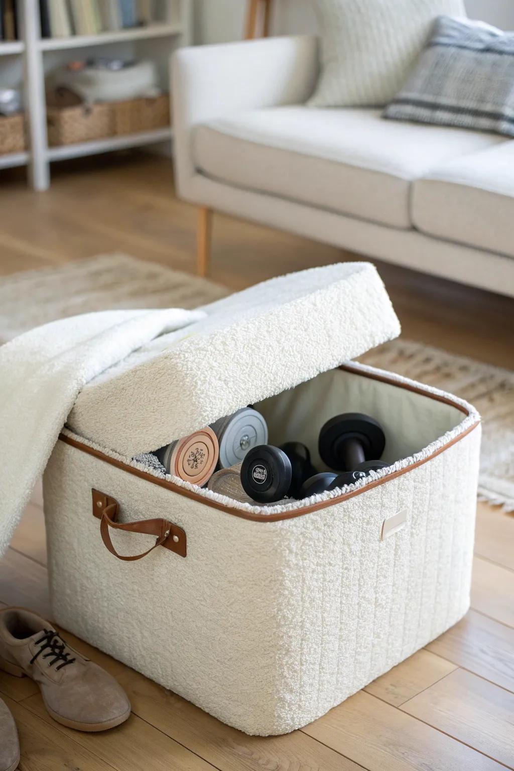 Hide dumbbells in a chic storage ottoman—instant living-room gym, zero clutter, cozy footrest.